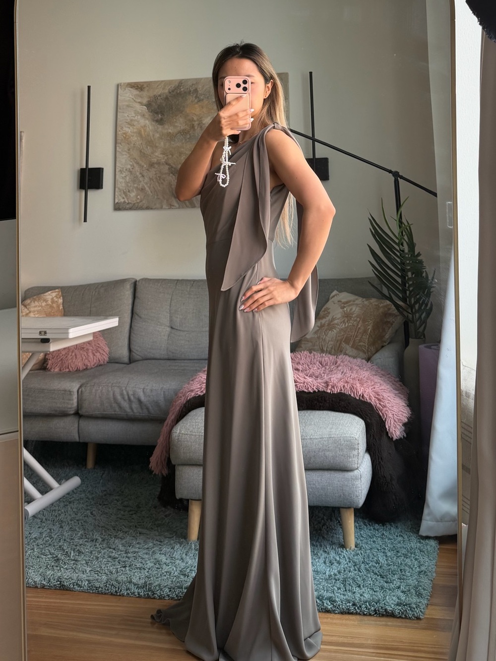 Jenny Yoo One-Shoulder Maxi Dress in olive green